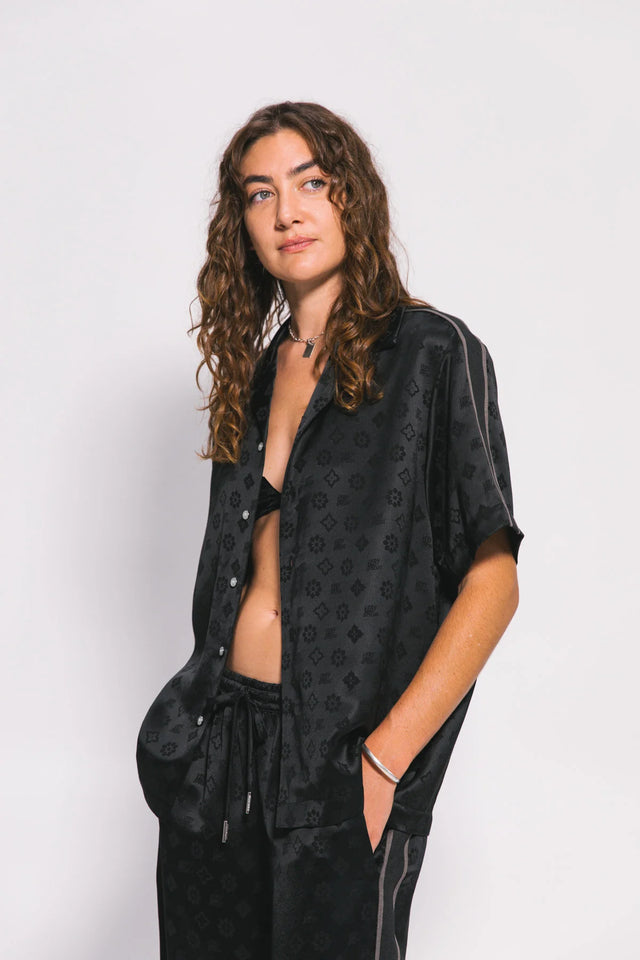 SOMETHING VERY SPECIAL - Jacquard Satin Resort Shirt - Black-Shirts & Tops-Something Very Special-S-UPTOWN LOCAL