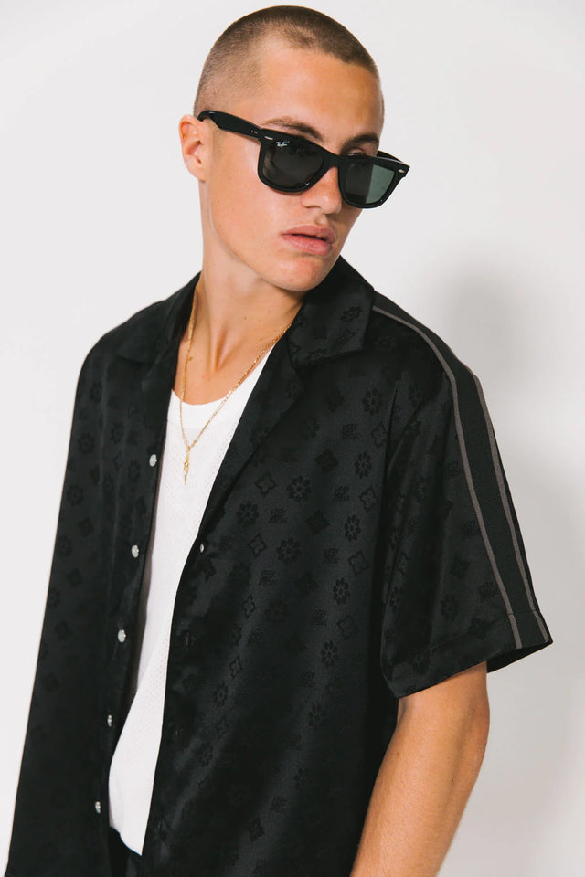 SOMETHING VERY SPECIAL - Jacquard Satin Resort Shirt - Black-Shirts & Tops-Something Very Special-S-UPTOWN LOCAL