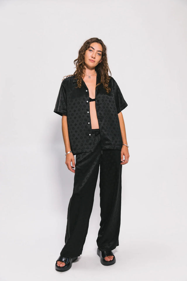 SOMETHING VERY SPECIAL - Jacquard Satin Resort Shirt - Black-Shirts & Tops-Something Very Special-S-UPTOWN LOCAL