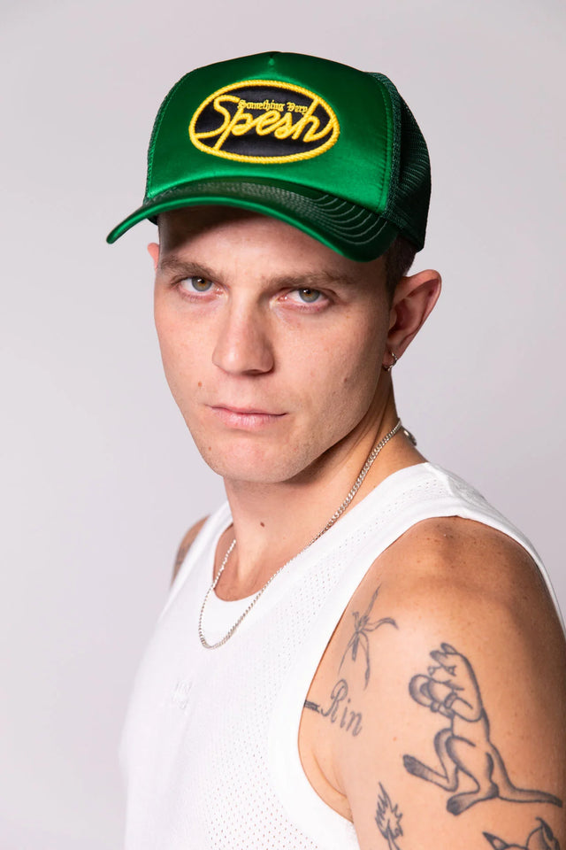 SOMETHING VERY SPECIAL - Green Satin Spesh Trucker-Hats-Something Very Special-UPTOWN LOCAL