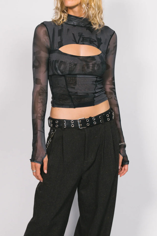SOMETHING VERY SPECIAL - Graffiti Cut-Out Mesh Long Sleeve Top - Black-Tops-Something Very Special-XS-UPTOWN LOCAL