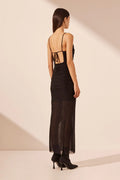 Mira Open Back Ruched Midi Dress Black-Dresses-Shona Joy-XS-UPTOWN LOCAL