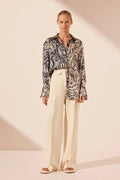 SHONA JOY - Anthea Silk Shirt Relaxed - Deep Navy / Ivory-Tops-Shona Joy-6-UPTOWN LOCAL