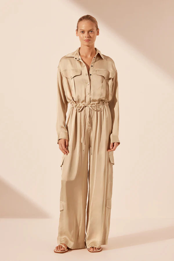 Shona Joy - Shae Drawstring Utility Jumpsuit - Oat-DRESSES-Shona Joy-6-UPTOWN LOCAL