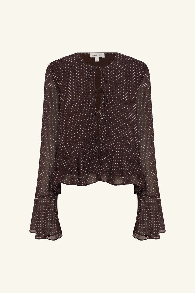 SHONA JOY - Maddox Long Sleeve Ruffle Top - Ristretto / Sky