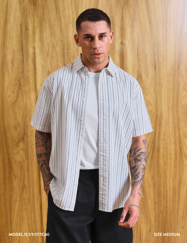 Mr Simple Rustler Textured Short Sleeve Shirt - Vintage White Multi Stripe - view 2
