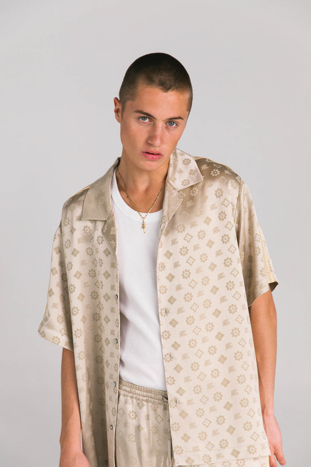 SOMETHING VERY SPECIAL - Jaquard Satin Resort Shirt - Sand-Shirts & Tops-Something Very Special-XS-UPTOWN LOCAL