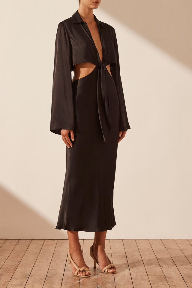 Oliviera Long Sleeve Tie Front Midi Dress - Black-Dresses-Shona Joy-6-UPTOWN LOCAL