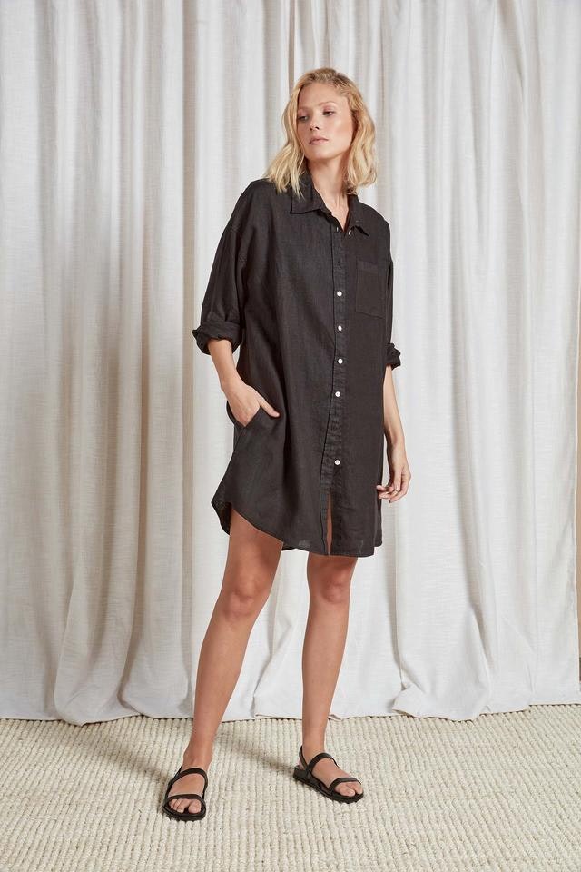 Hampton L/S Linen Shirt Dress - Black-Dresses-The Academy Brand-XS-UPTOWN LOCAL