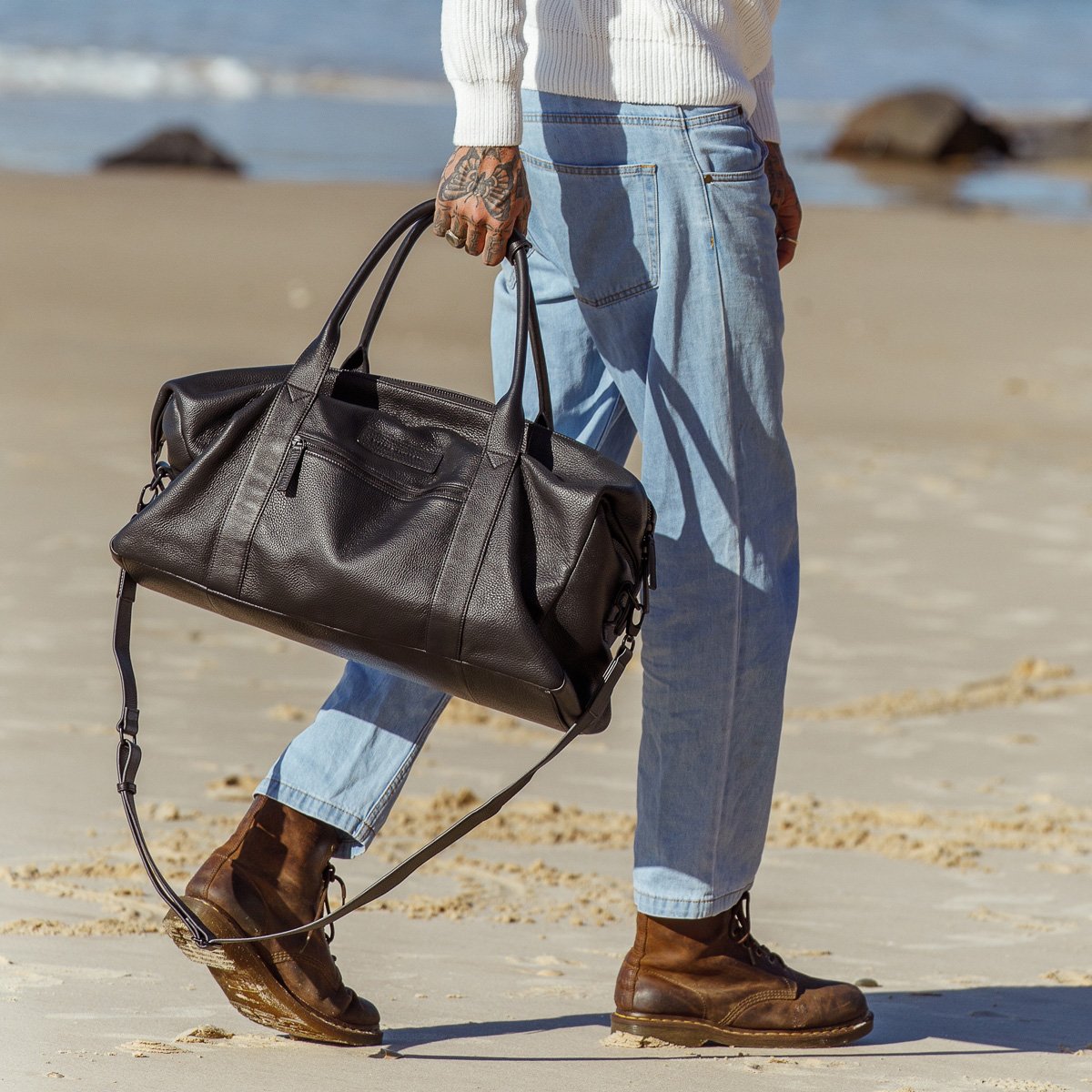 Black discount leather duffel